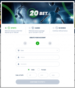 Создание учетной записи 20bet